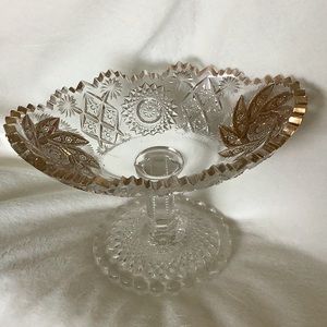 Antique EAPG Westmoreland Paddle Wheel Pedestal Glass Compote with Gold Trim